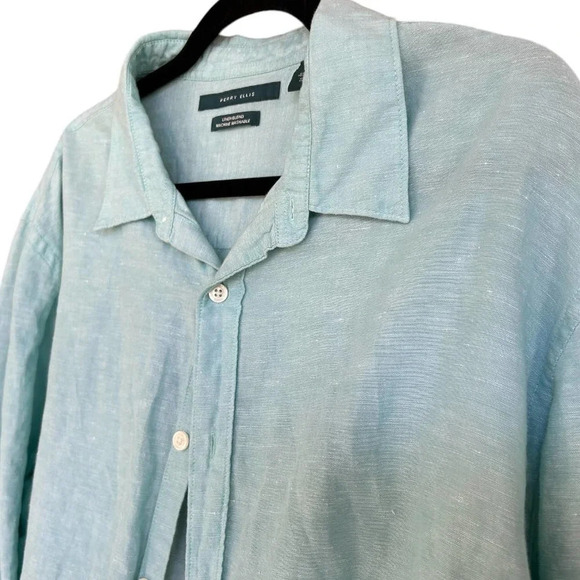 Perry Ellis Men's Roll Sleeve Linen Cotton Button-Down Shirt Aqua Sea Size XXL - Picture 9 of 10